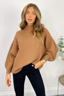 Tan High Neck Knitted Jumper