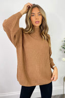 Tan High Neck Knitted Jumper