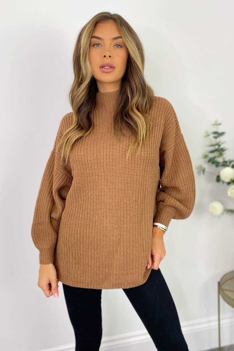 Tan High Neck Knitted Jumper