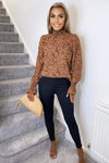 Tan Printed Elasticated Cuff Long Sleeve Top