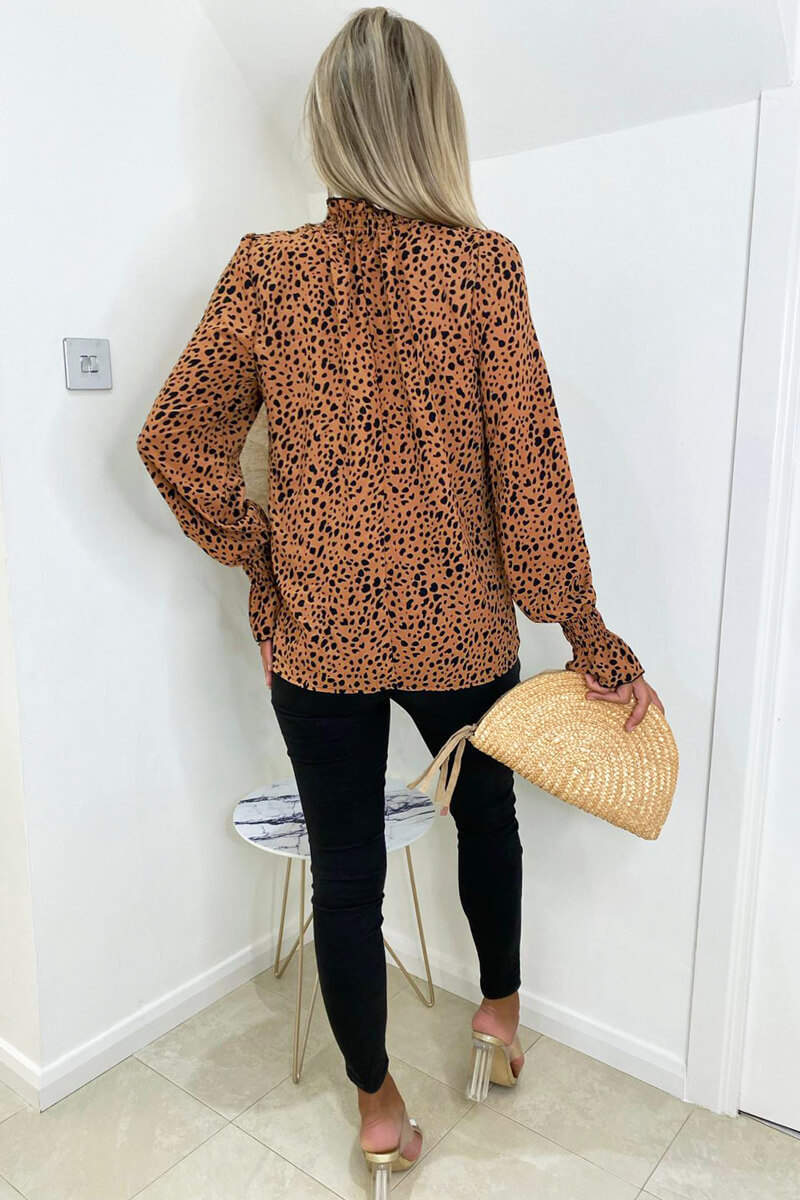 Tan Printed Elasticated Cuff Long Sleeve Top