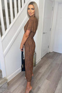 Tan Printed Wrap Top Jumpsuit