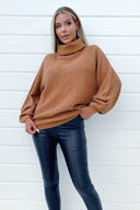 Tan Roll Neck Balloon Sleeve Knitted Jumper