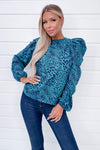 Teal Animal Print Puff Sleeve Blouse