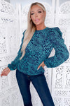 Teal Animal Print Puff Sleeve Blouse