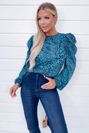 Teal Animal Print Puff Sleeve Blouse