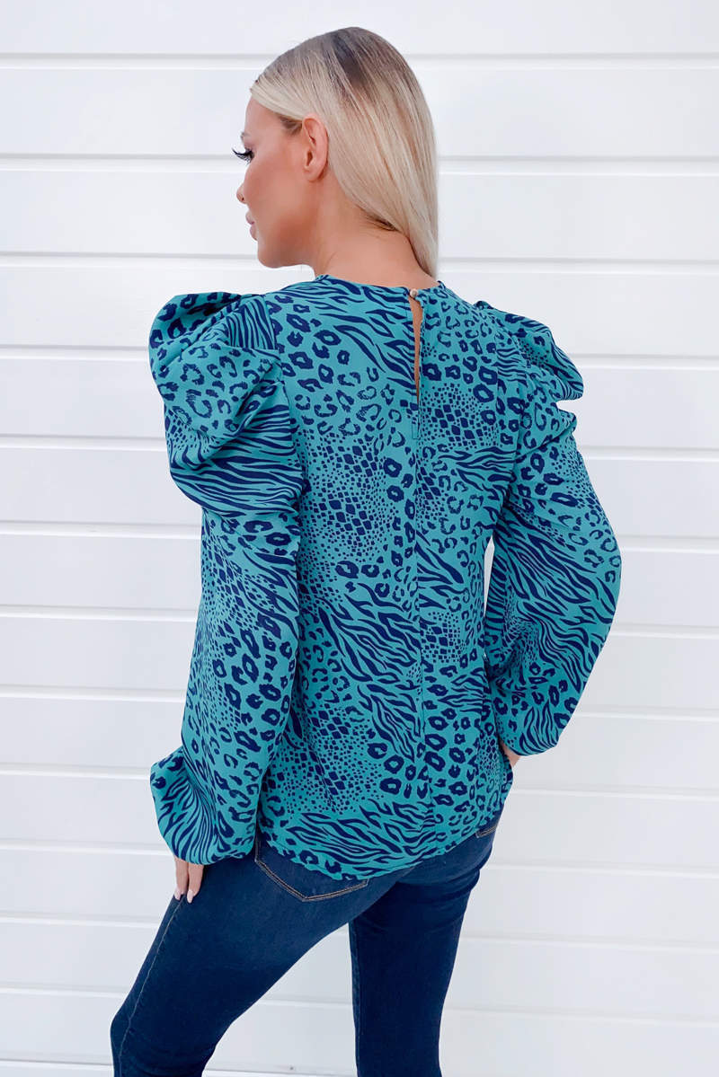 Teal Animal Print Puff Sleeve Blouse