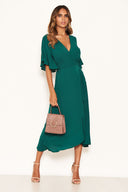 Teal Midi Dress With Frill Hem And Sleeves