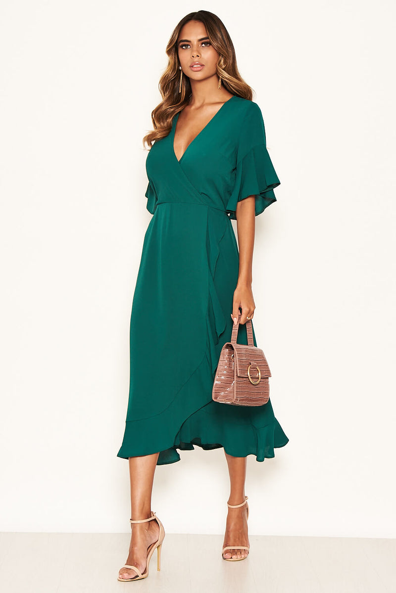 Teal Midi Dress With Frill Hem And Sleeves