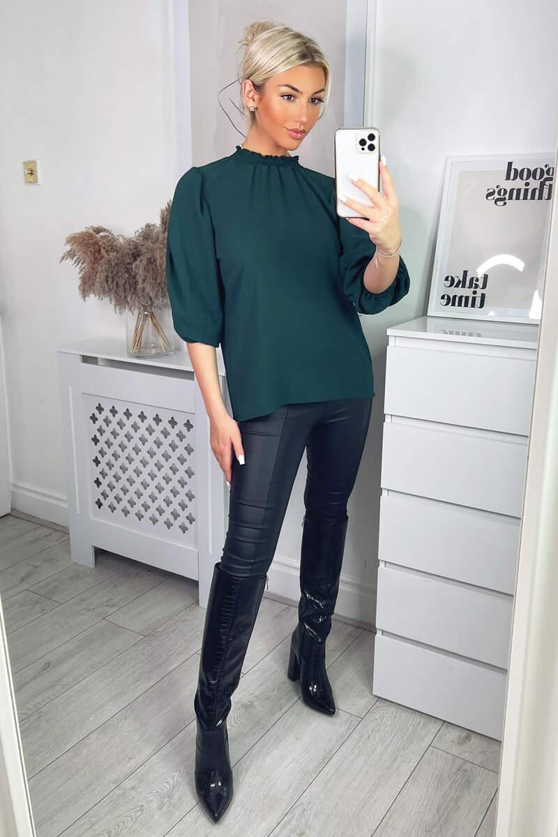 Teal Elasticated Neck Puff Sleeve Blouse