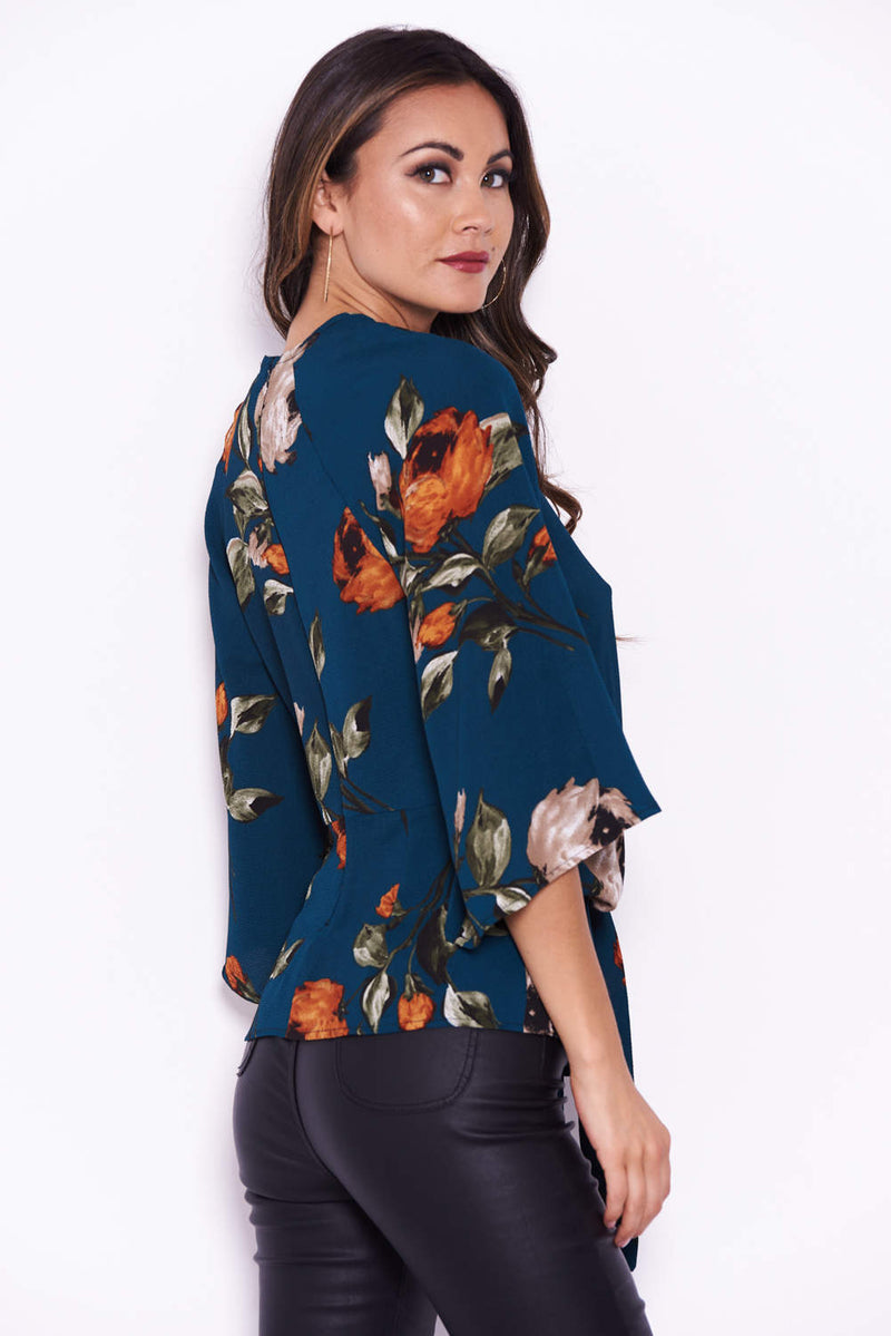 Teal Floral Flared Sleeve Top