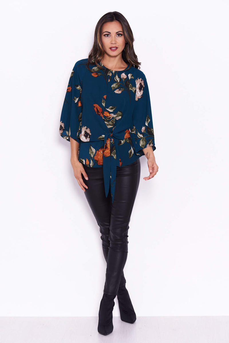 Teal Floral Flared Sleeve Top