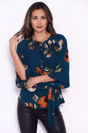 Teal Floral Flared Sleeve Top