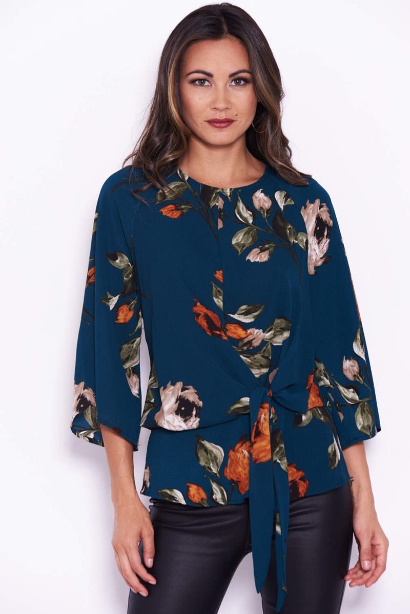 Teal Floral Flared Sleeve Top