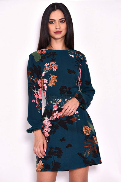 Teal Floral Crochet Waist Dress AX Paris