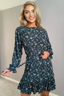 Teal Floral Frill Tie Waist Dress