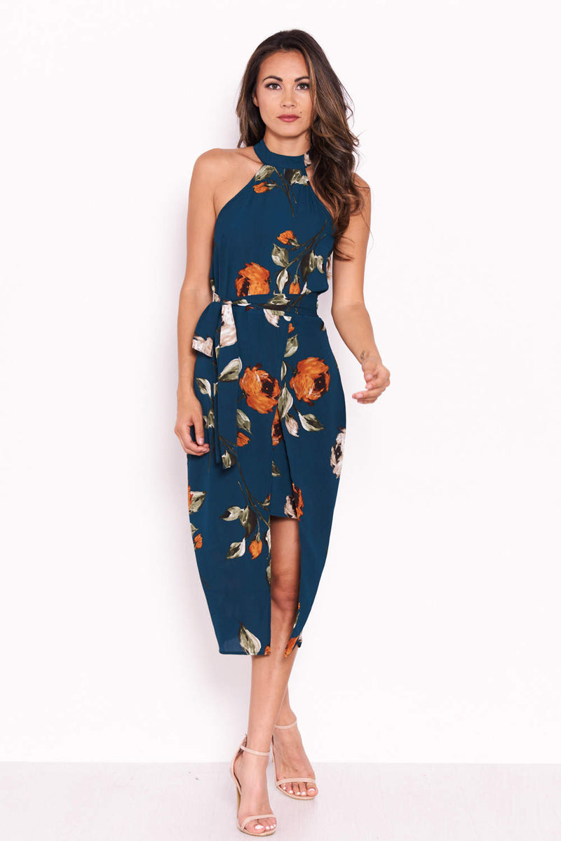 Teal Floral Midi Wrap Dress