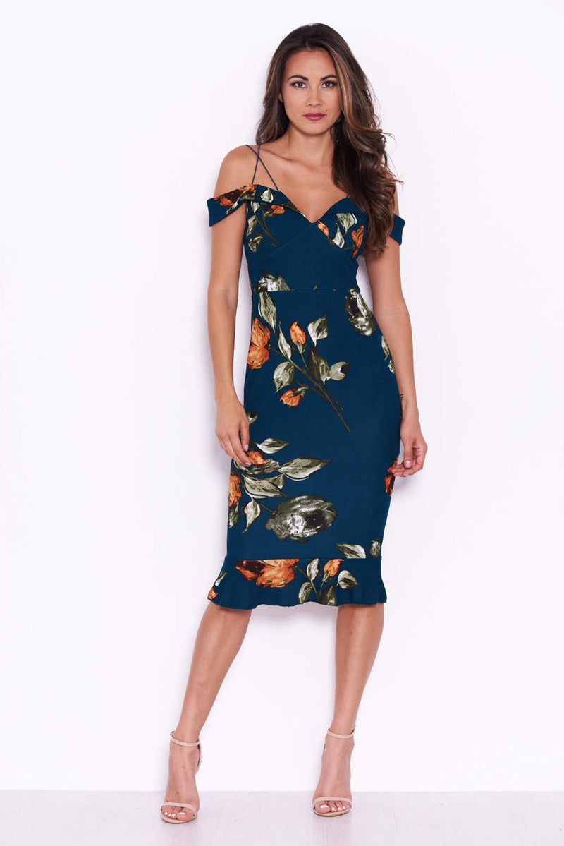 Teal Floral Off The Shoulder Dress With Frill Detail
