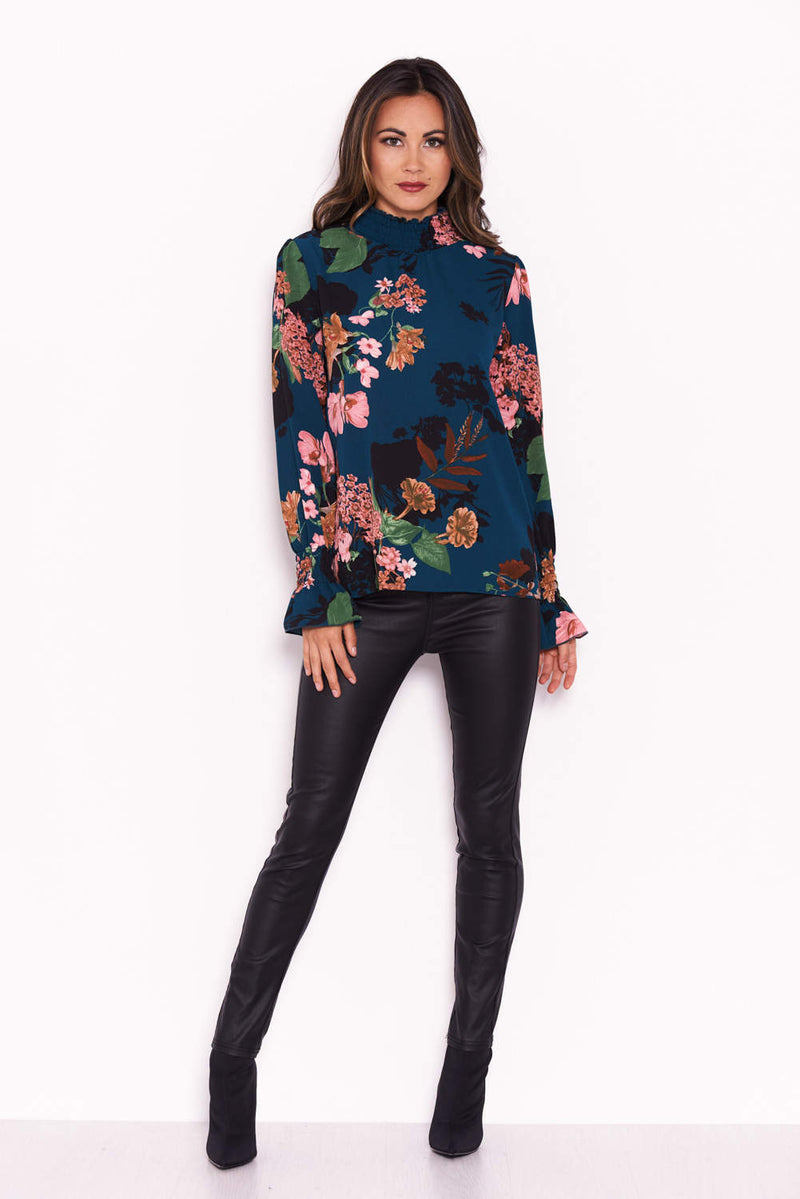 Teal Floral Ruched Sleeve And Collar Blouse