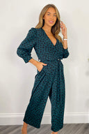 Teal Heart Printed Belted Jumpsuit