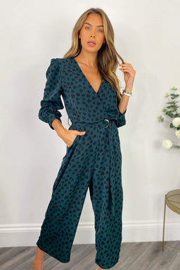 Teal Heart Printed Belted Jumpsuit