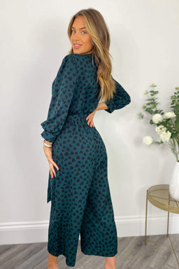Teal Heart Printed Belted Jumpsuit