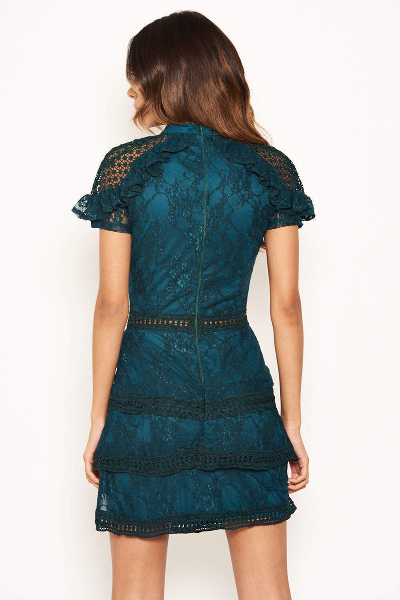 Teal High Neck Lace Layer Frill Mini Dress