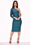 Teal One Sleeve Slinky Midi Dress