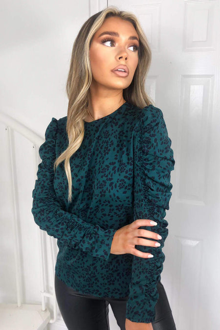 Teal Printed Ruched Long Sleeve Top
