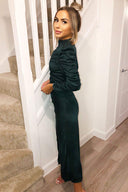 Teal Ruched Sleeve Split Leg Dress
