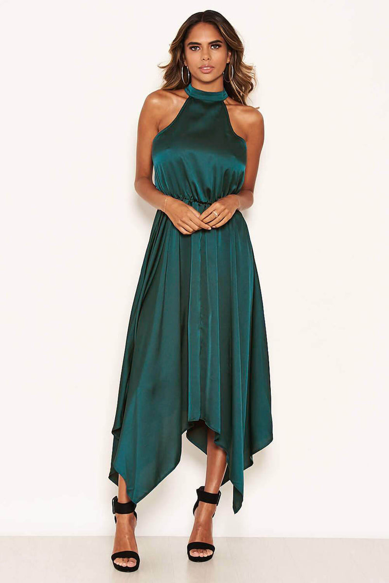 Teal Satin Sleeveless Maxi Dress