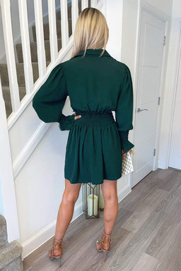 Teal Shirred Waist Long Sleeve Shirt Dress