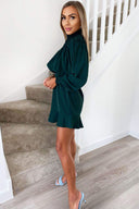 Teal Shirring Neck Skater Dress