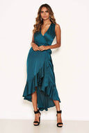 Teal Wrap Frill Hem Maxi Dress With Tie Belt