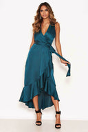 Teal Wrap Frill Hem Maxi Dress With Tie Belt