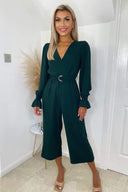 Teal Wrap Over Elasticated Cuff Belted Jumpsuit