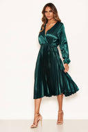 Teal Wrap Pleated Satin Dress