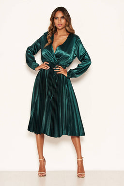Teal Wrap Pleated Satin Dress