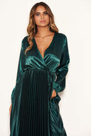 Teal Wrap Pleated Satin Dress