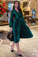 Teal Wrap Pleated Satin Dress