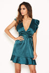 Teal Satin Wrap Over Open Back Dress