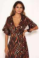 Tiger Print Wrap Dress With Frill Hem And Sleeves