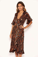 Tiger Print Wrap Dress With Frill Hem And Sleeves