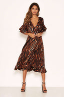 Tiger Print Wrap Dress With Frill Hem And Sleeves