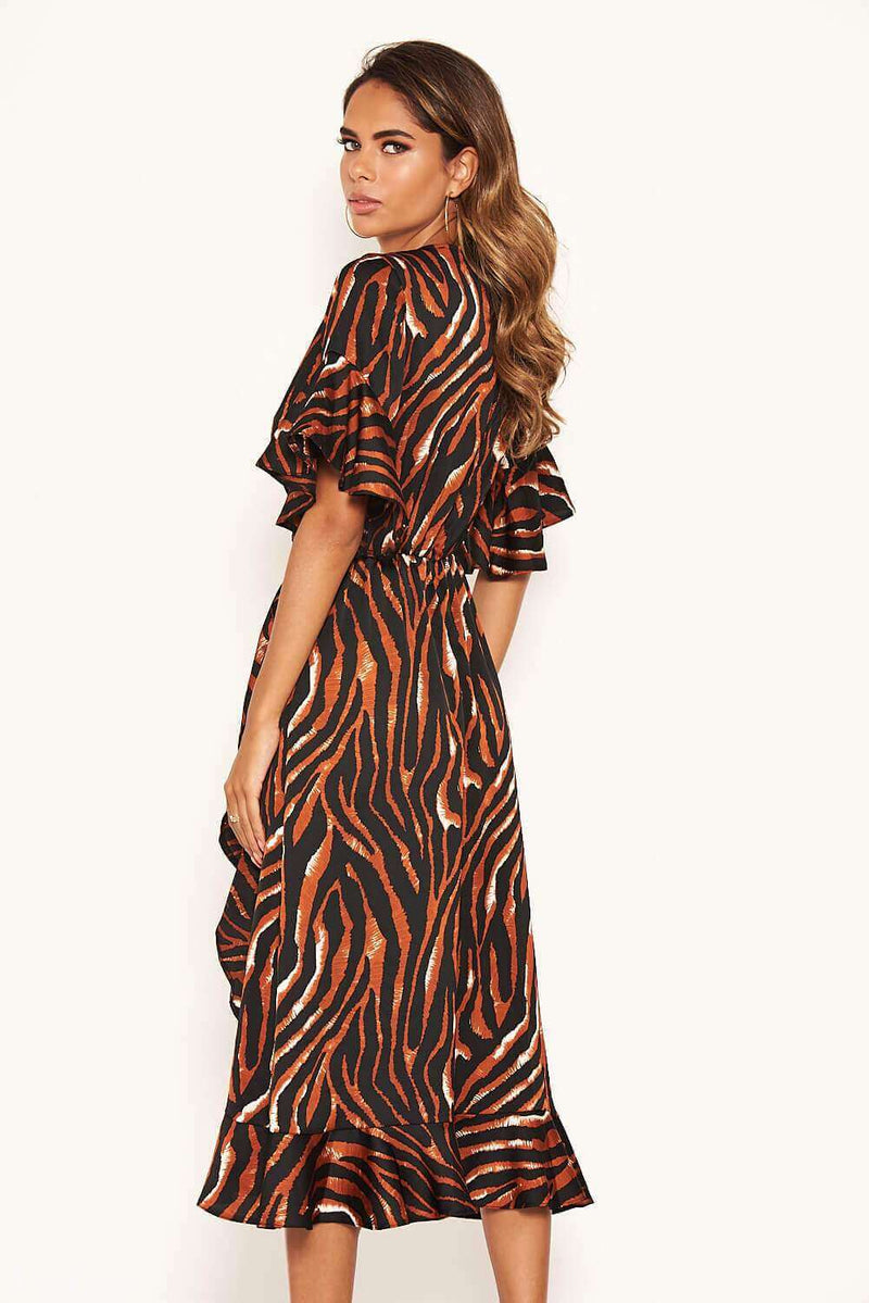 Tiger Print Wrap Dress With Frill Hem And Sleeves