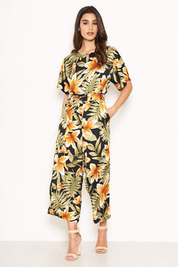 Tropical Print Belted Jumpsuit
