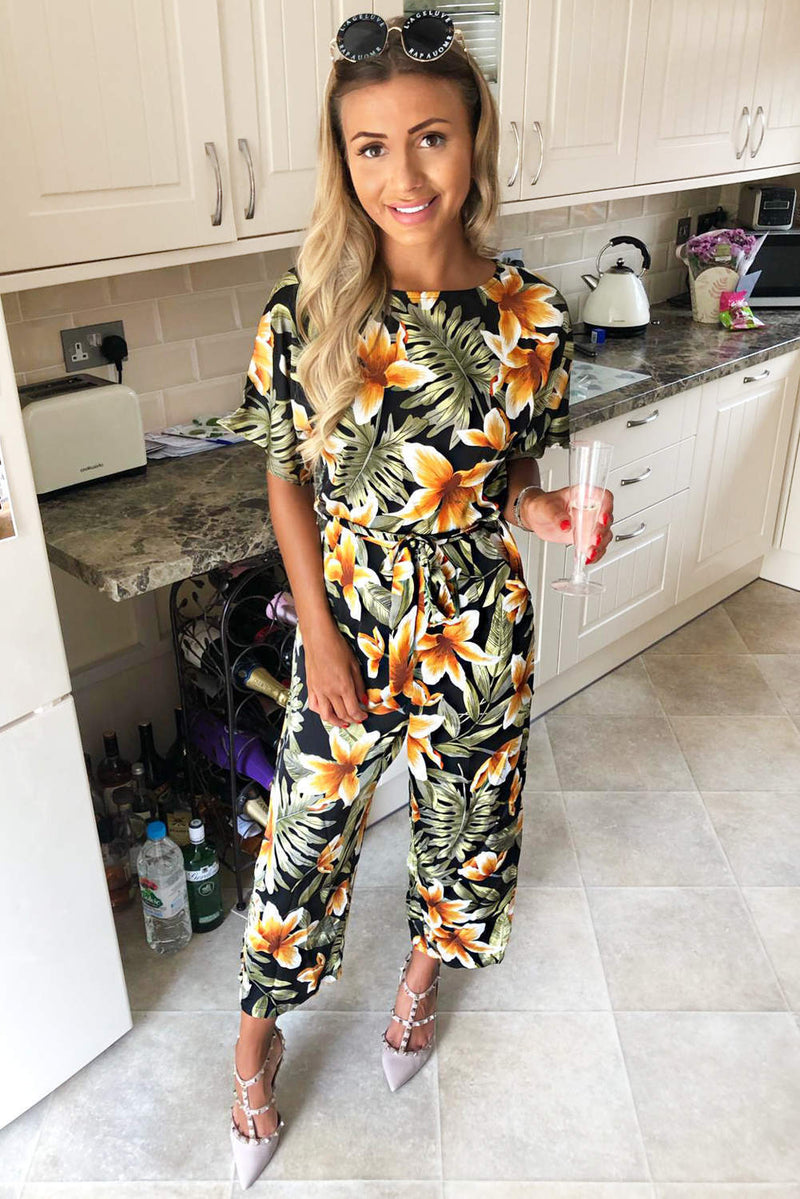 Tropical Print One Shoulder Belted Wide Leg Jumpsuit | EMERY ROSE