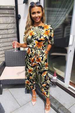 Tropical Print Belted Jumpsuit
