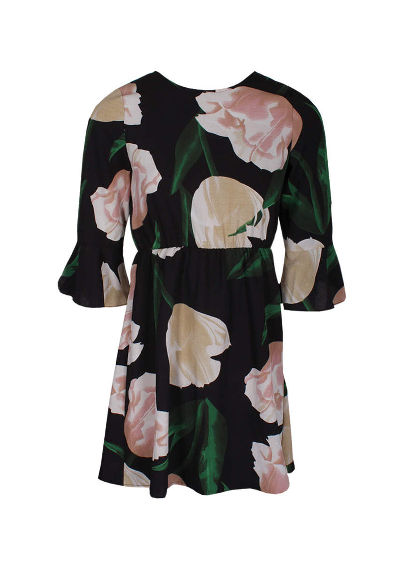 Black Floral Flared Sleeve Dress