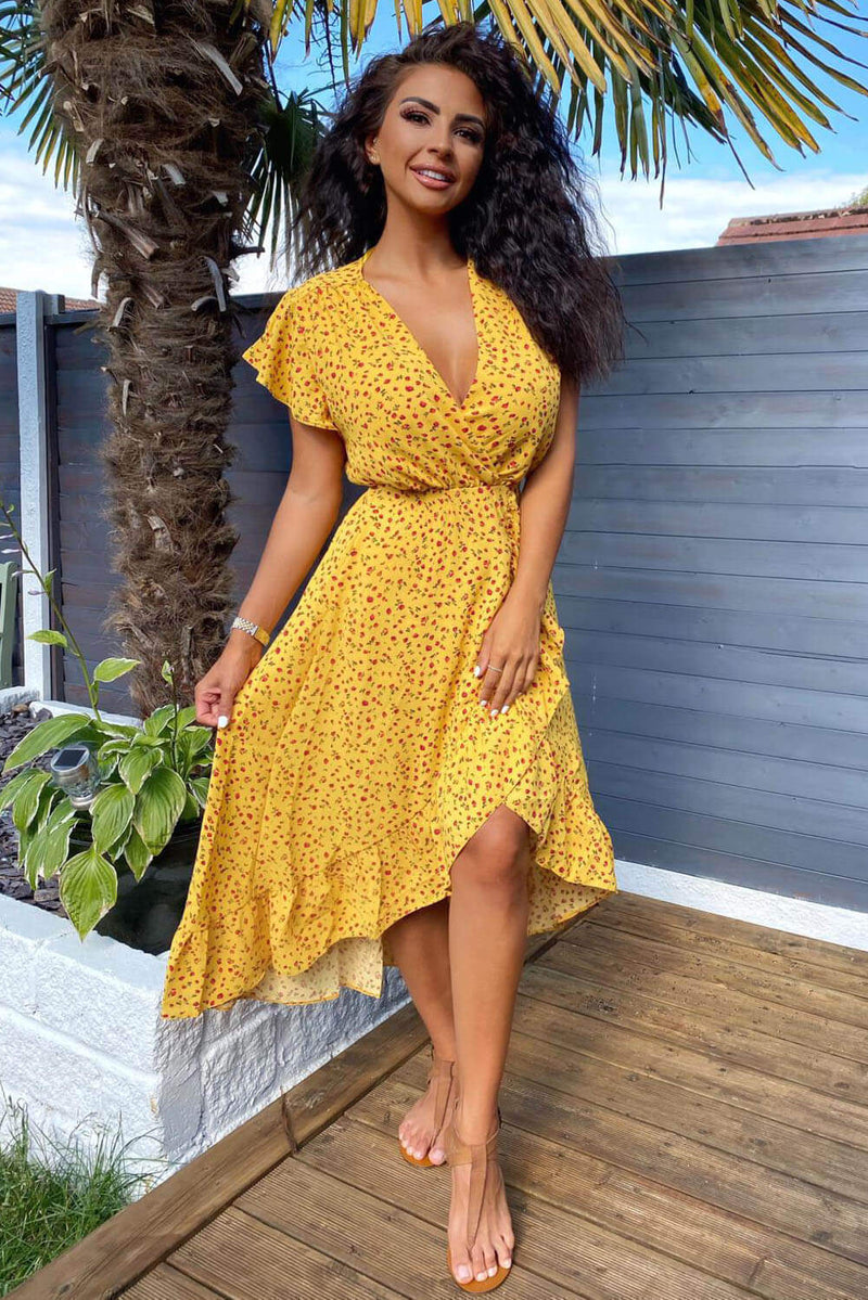Ax Paris Yellow Occasion Dresses For Wedding Guests V Neck Printed